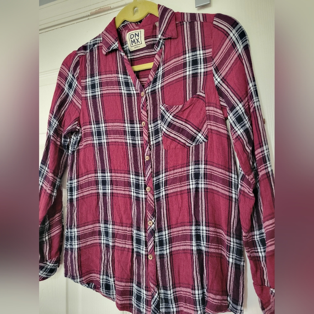 DNMX Womens Plaid Long Sleeve Buttondown ViscoseGauze like Shirt XS